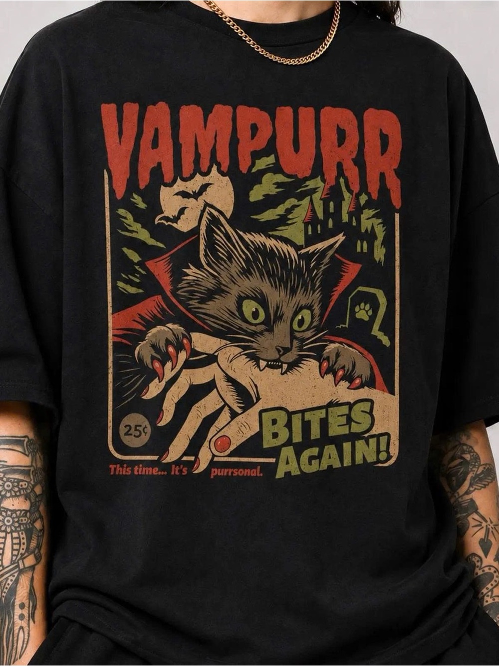 Bites Again! Black Graphic Cat Tee